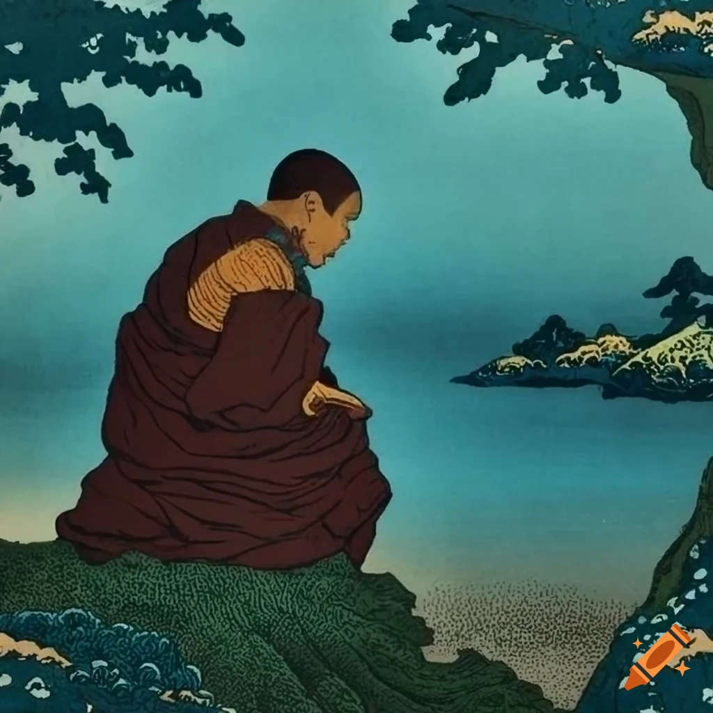 Tibetan monk amidst moss-covered trees in a misty woodland scene