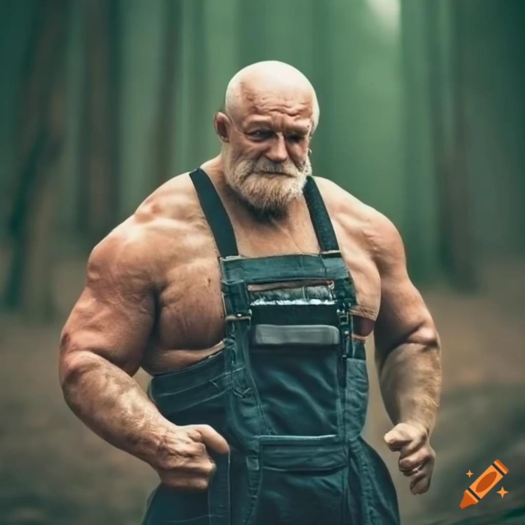photo of an old man with muscular arms in overalls