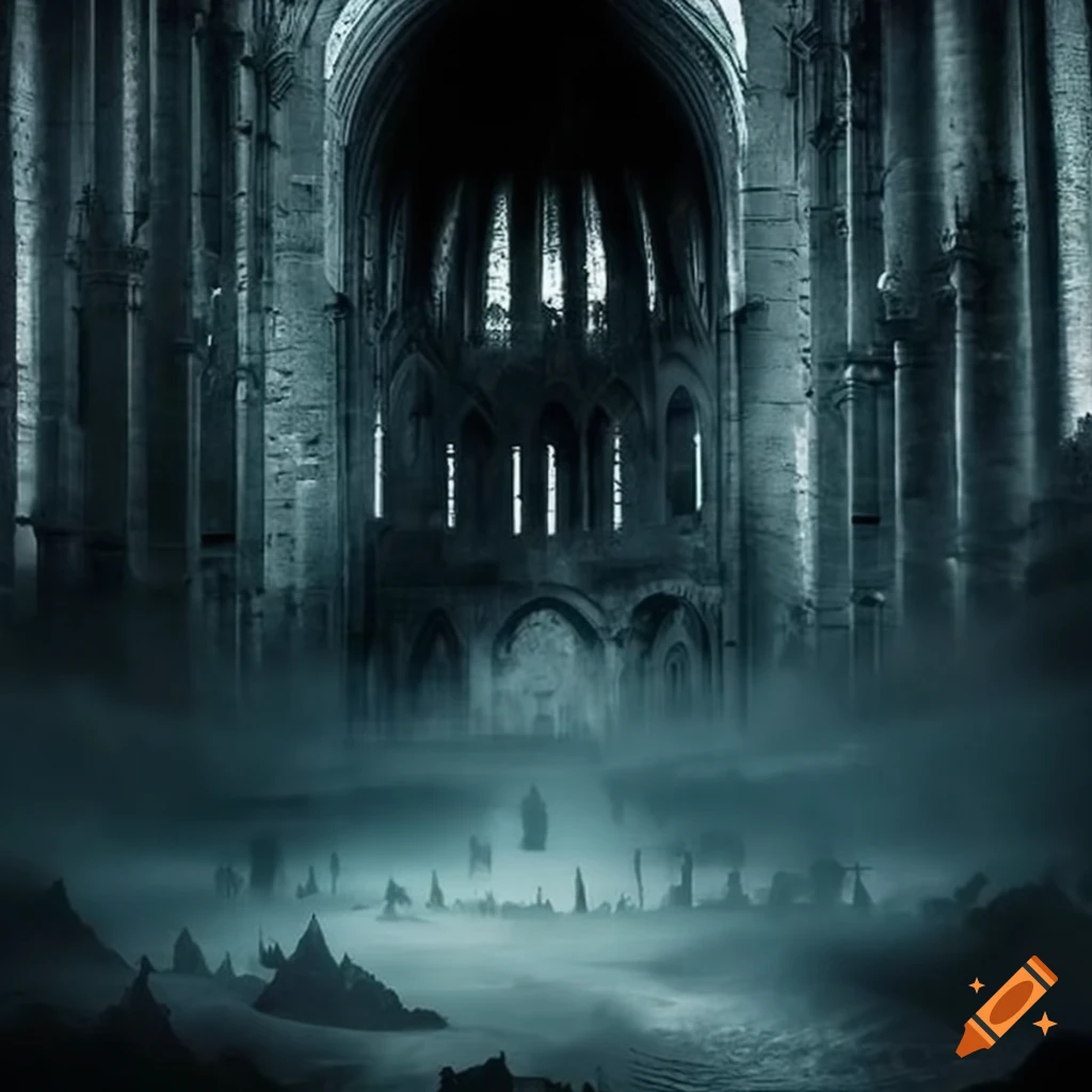 mystical black cathedral in a crater
