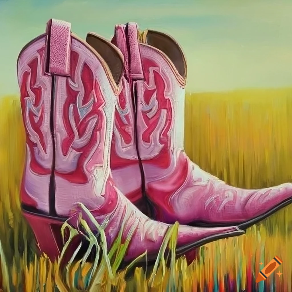 Oil painting of pink cowboy boots in a sunny field on Craiyon