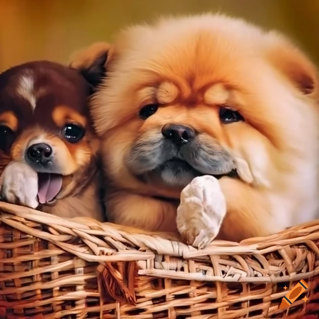 adorable Chihuahua and Chow Chow puppies cuddling in a basket