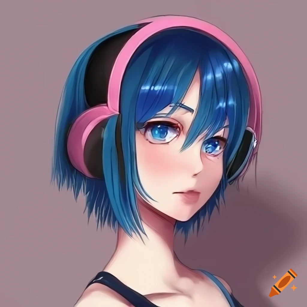anime girl with blue eyes and dark blue hair wearing pink cat ear headphones