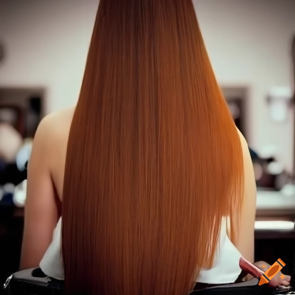 girl with long auburn hair in a barber shop