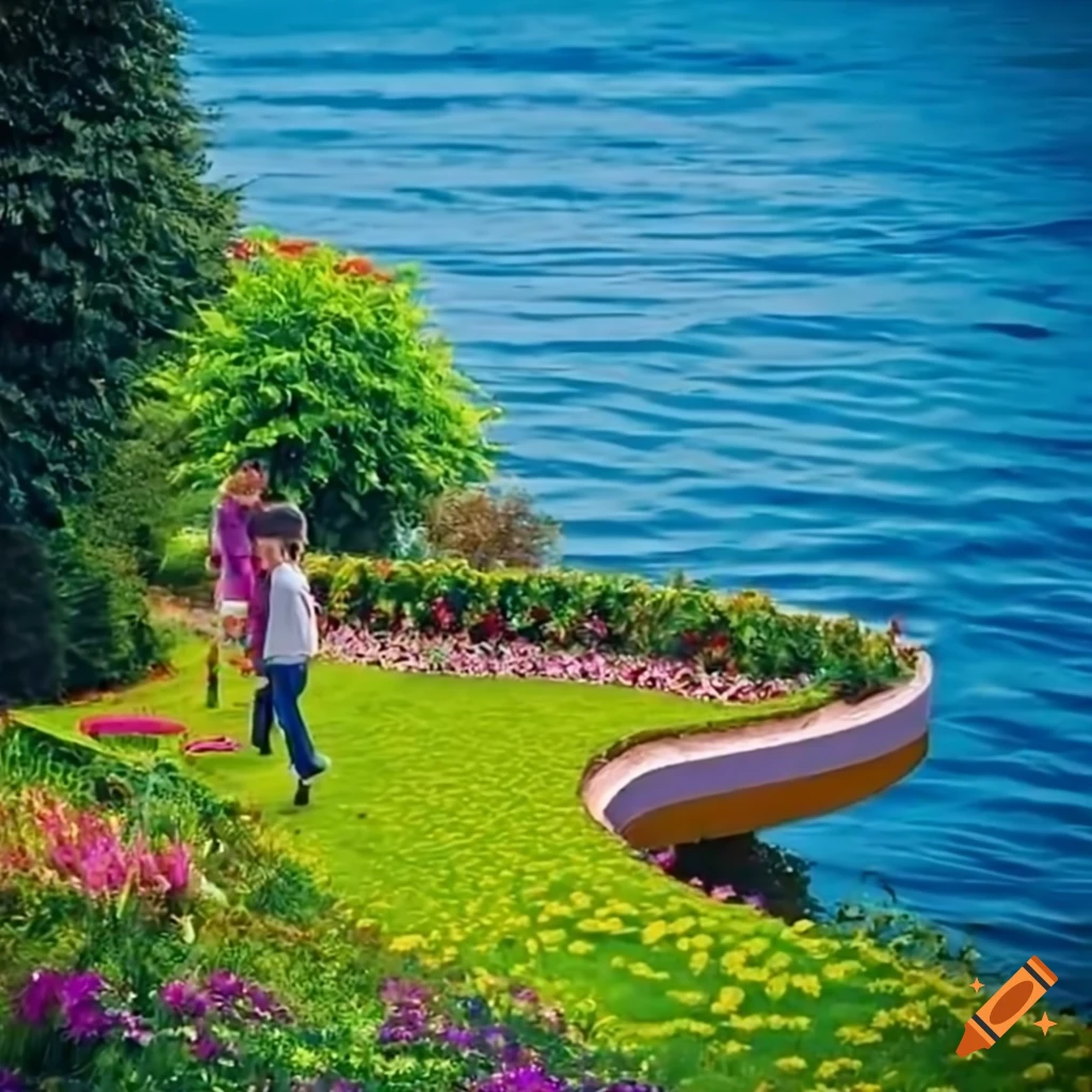 Vibrant garden with blooming flowers and curved stairs on Craiyon