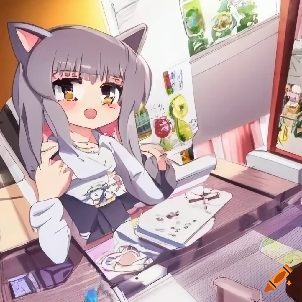 anime catgirl on wooden floor