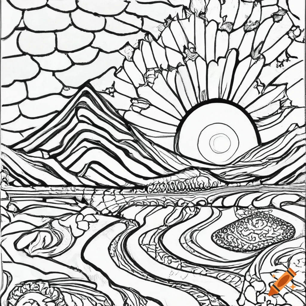Black and white coloring page with a mandala landscape on Craiyon