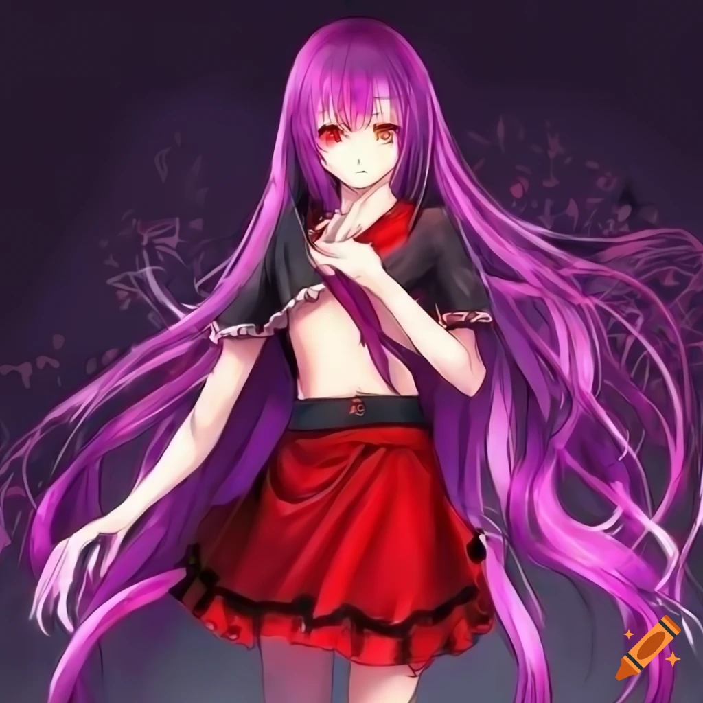 anime girl with purple hair and red eyes