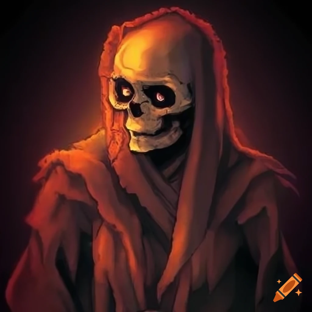 skeleton wearing a robe in a dark fantasy setting