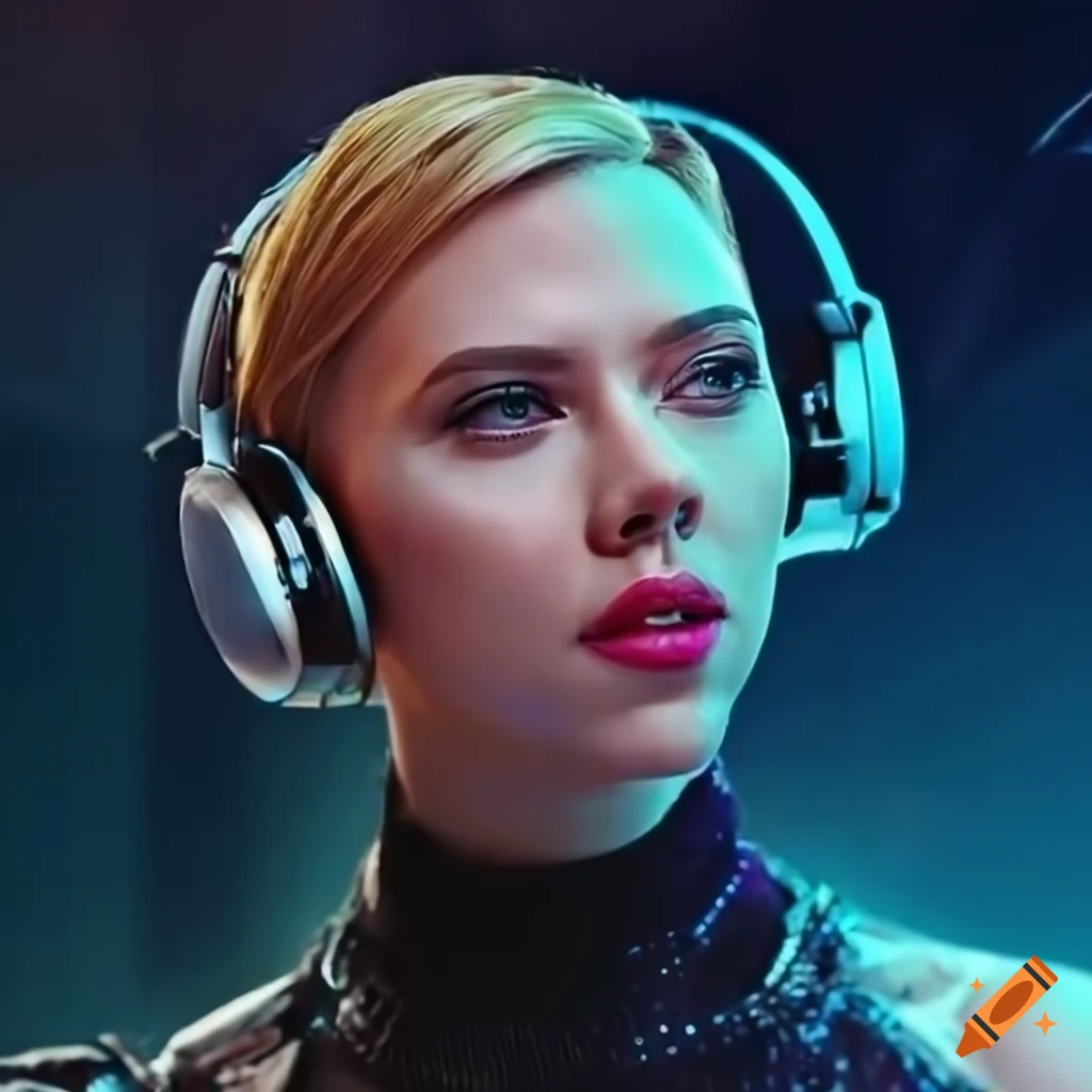 Scarlett Johansson wearing headphones in a cyber-themed photo