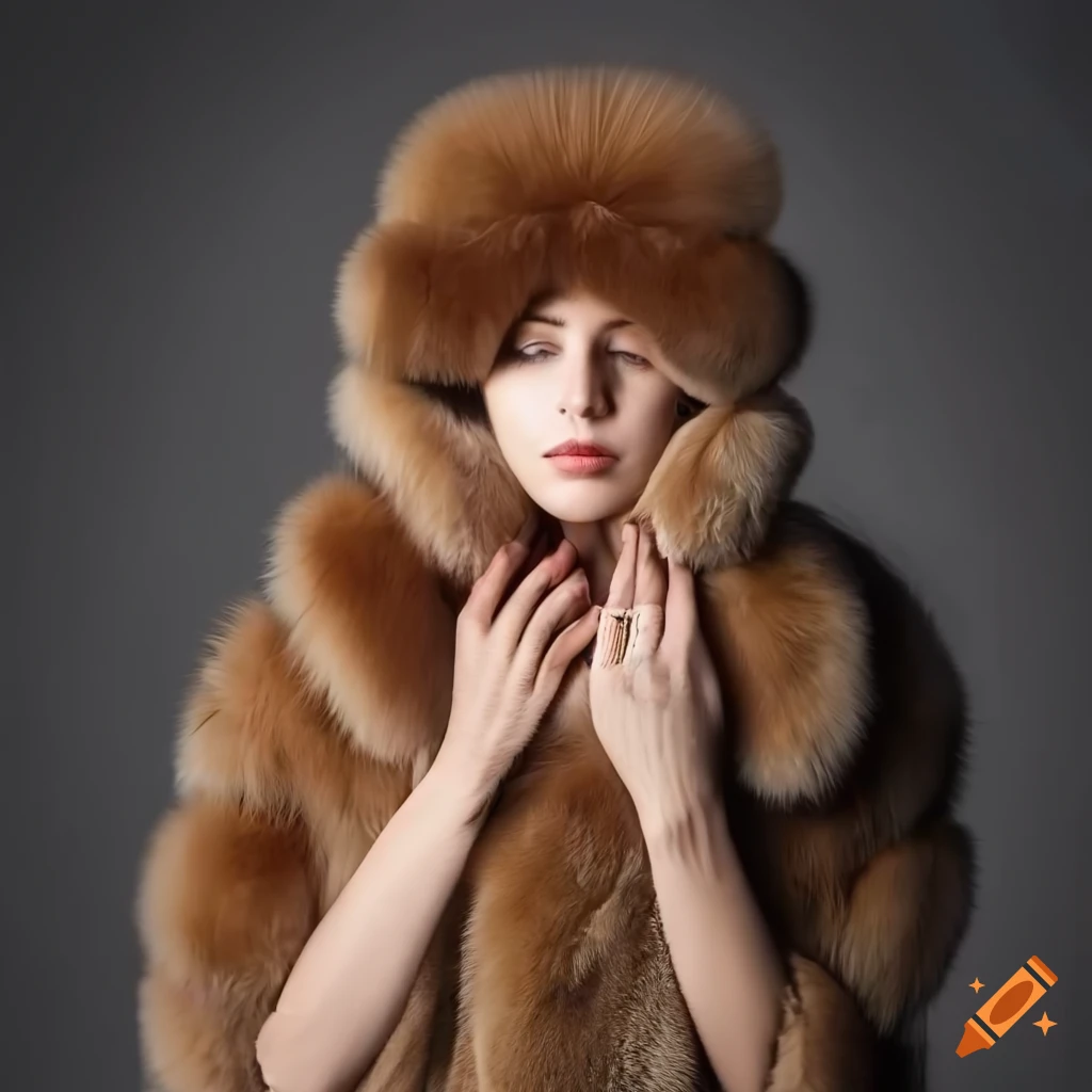Stylish woman wearing a fluffy fur coat and sleep mask on Craiyon