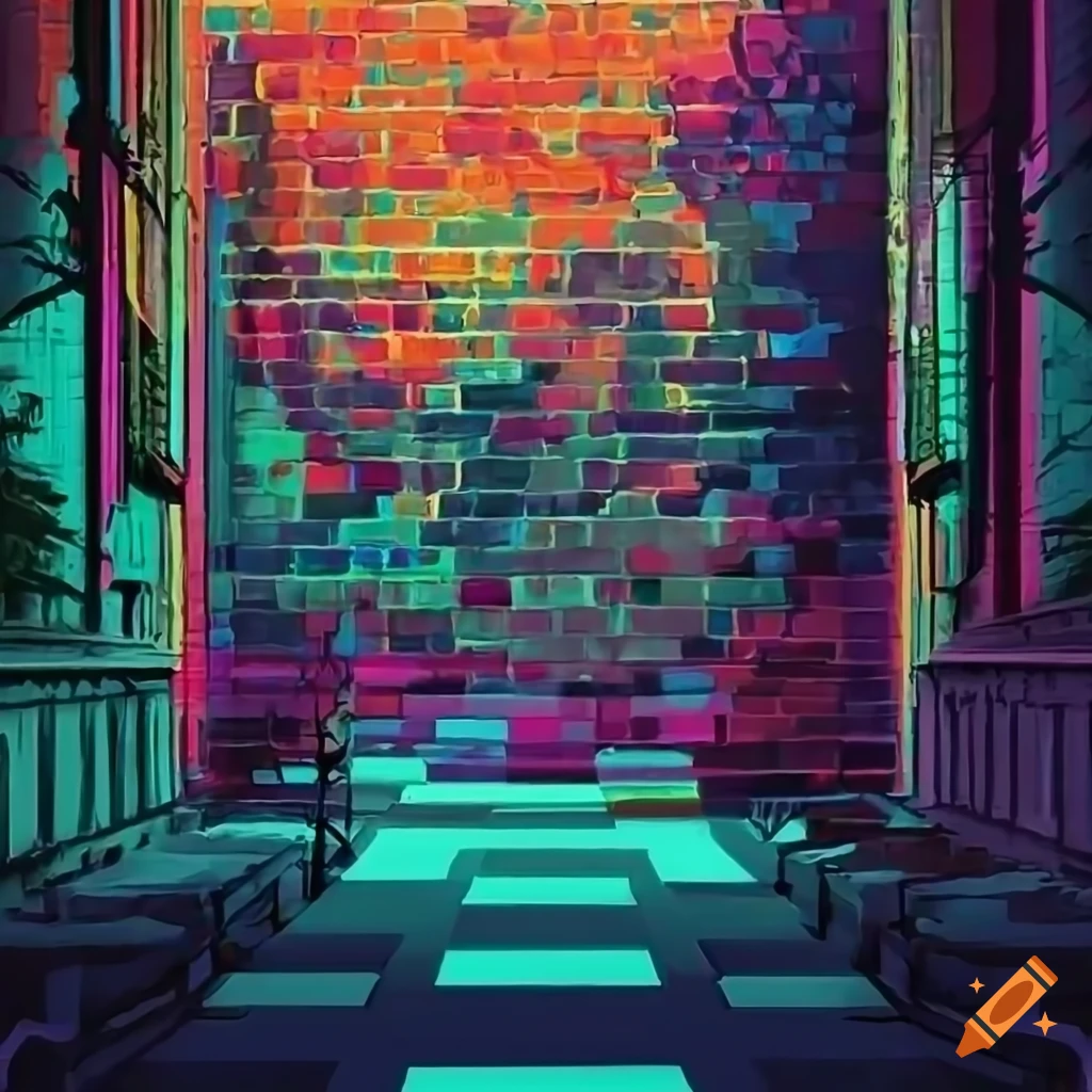 cyberpunk style digital illustration of a brick wall with a forest park in the background