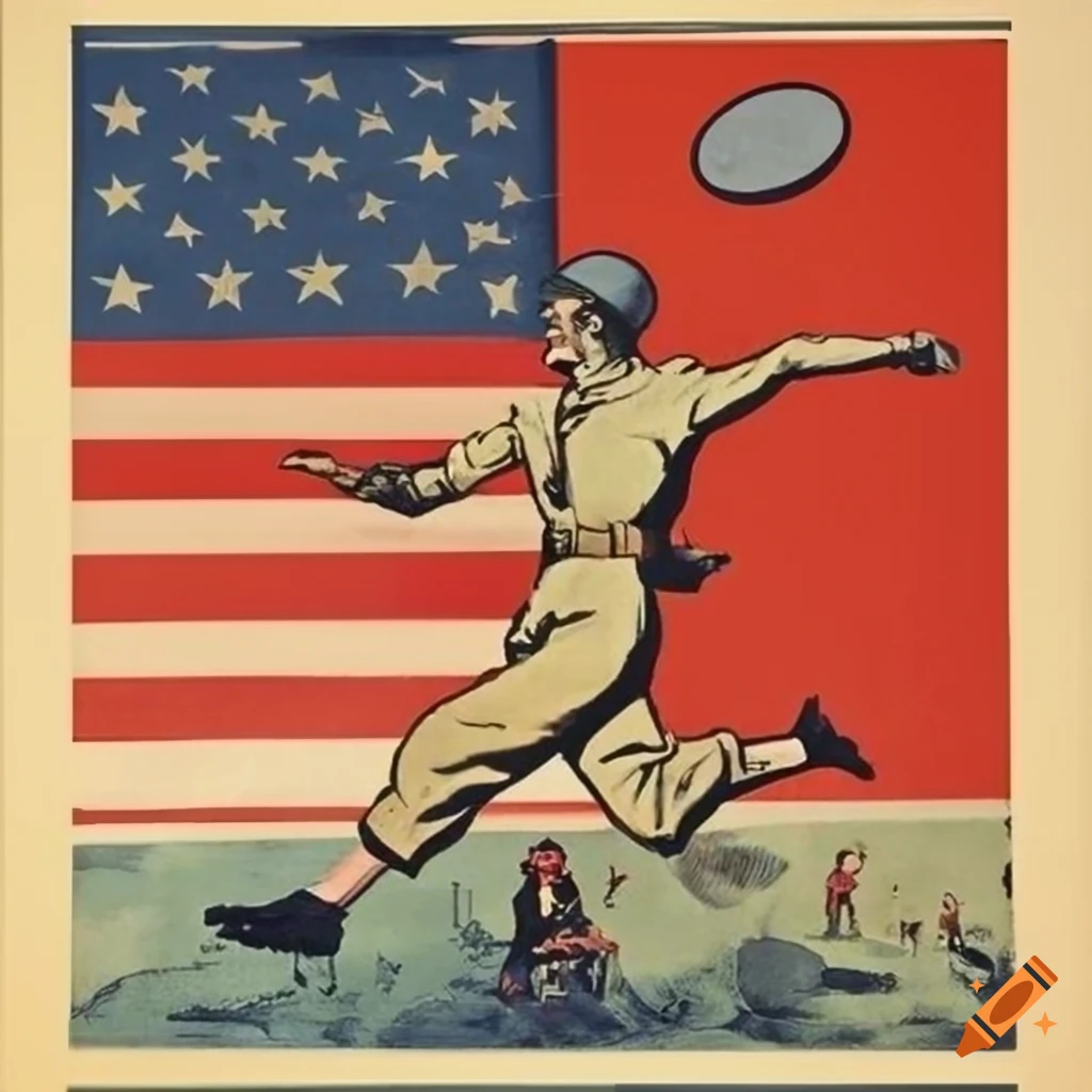 WW2 propaganda poster with frisbee player and USA flag
