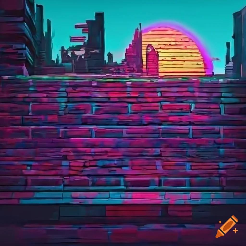 cyberpunk style digital illustration of a brick wall with a forest park in the background