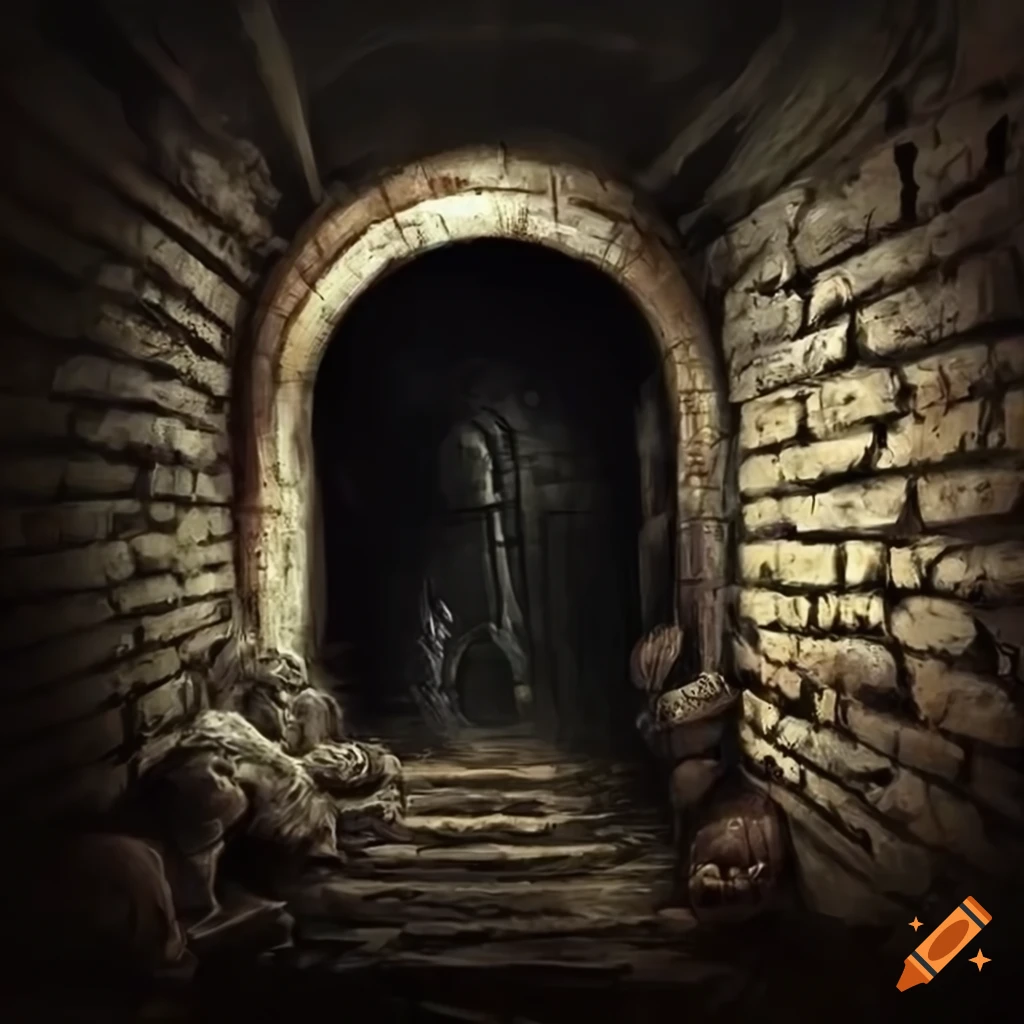 concept art of a dimly lit ancient dungeon