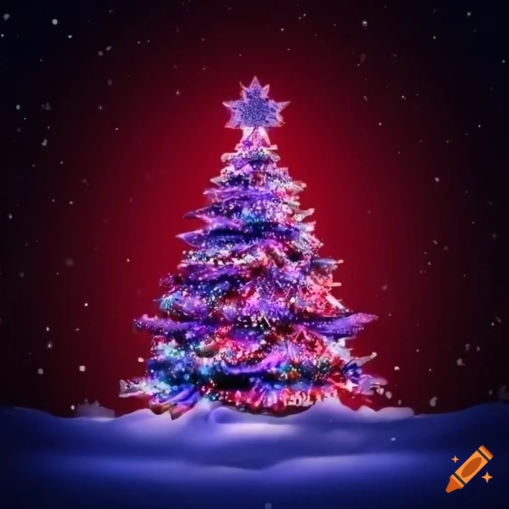 paysage nocturne enneigé avec un sapin de Noël lumineux