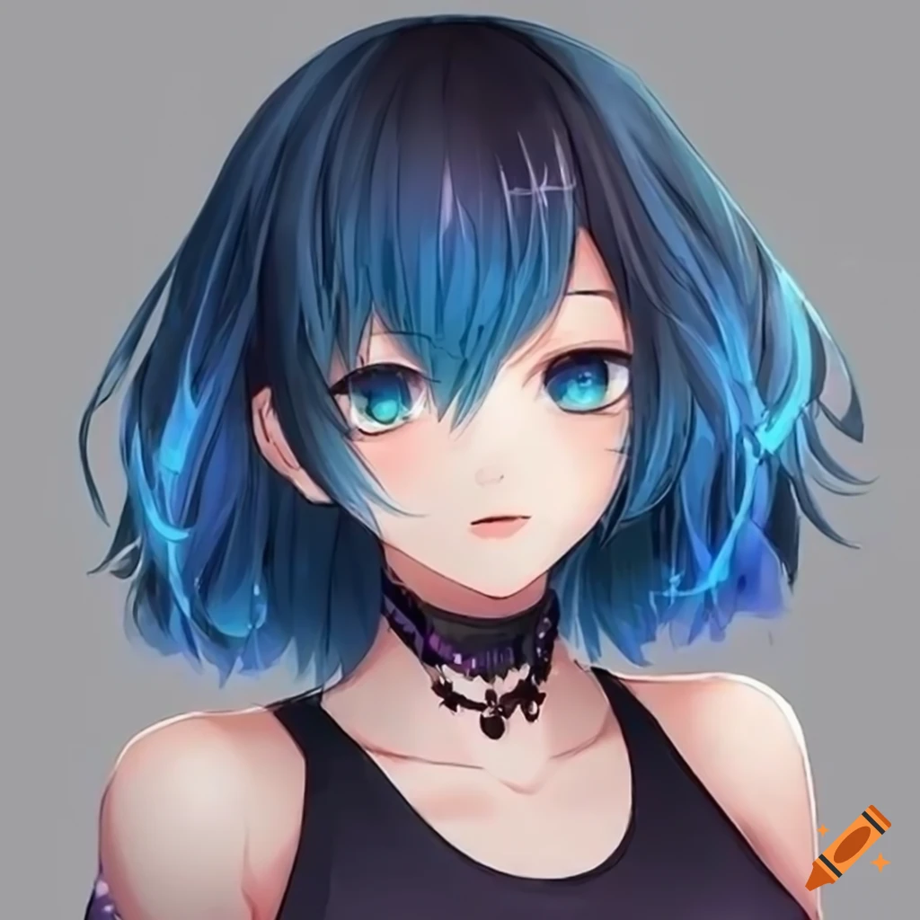 Anime girl with short black hair and blue highlights on Craiyon