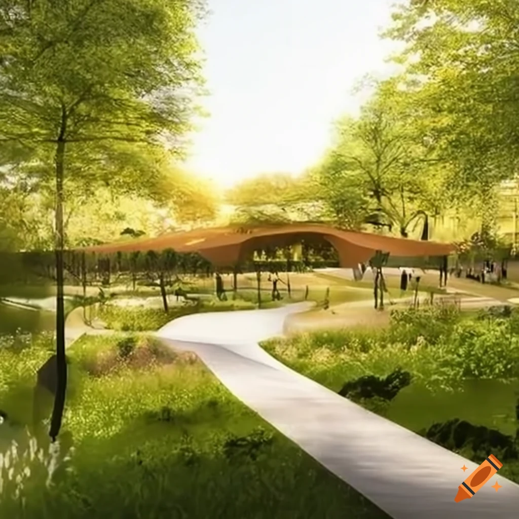 Modern urban park design with green spaces and recreational areas on ...