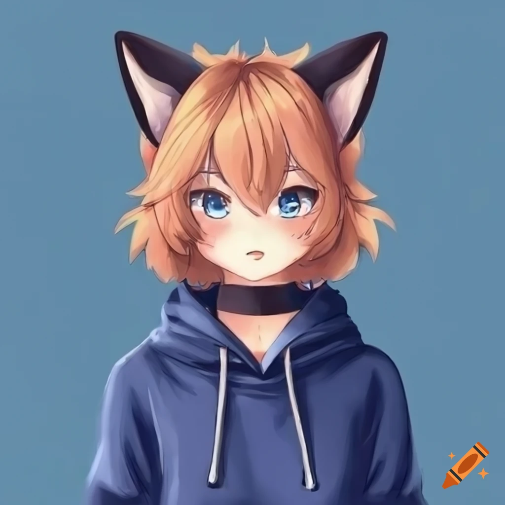 Cute anime fox girl in navy hoodie on Craiyon