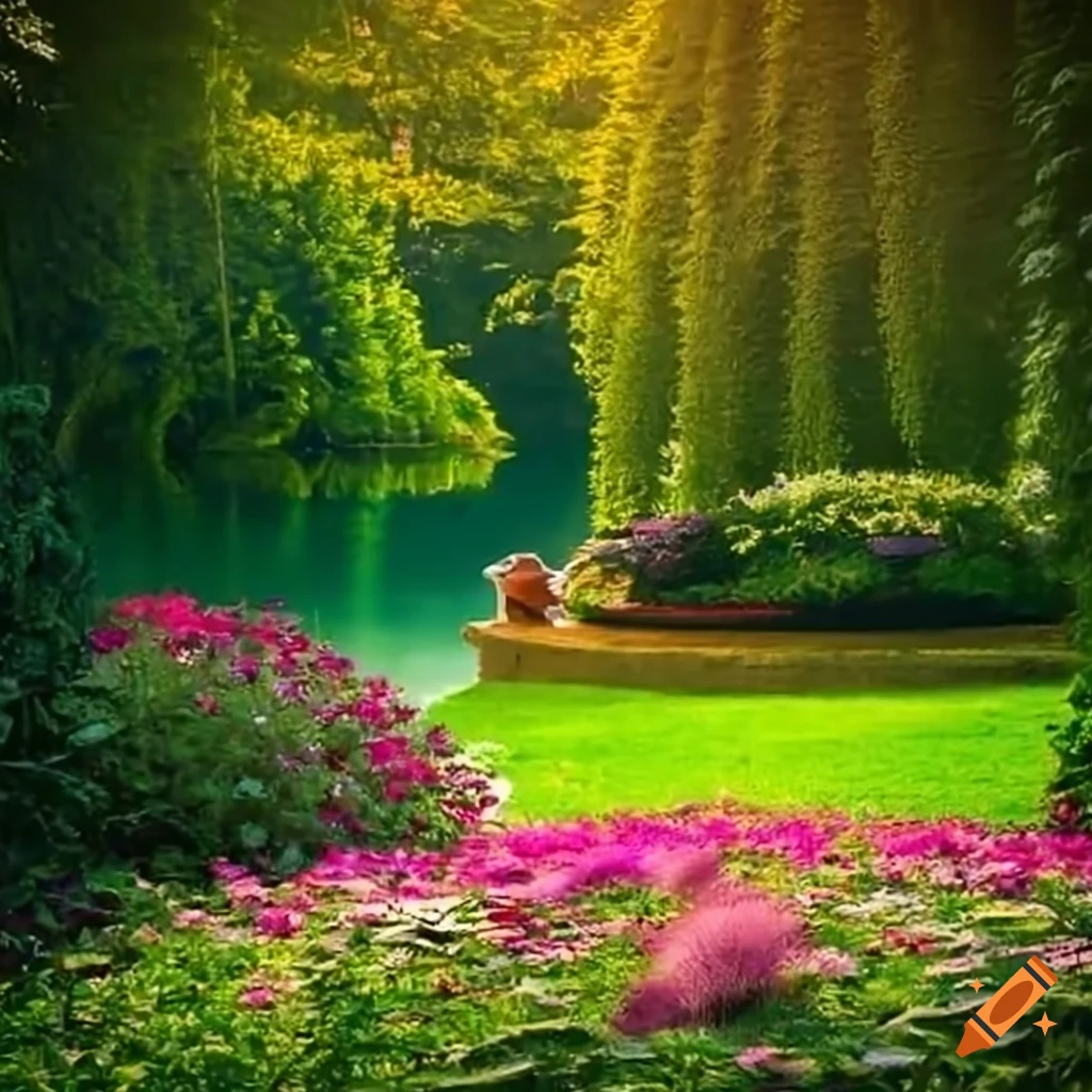 vibrant garden with blooming flowers by the lake