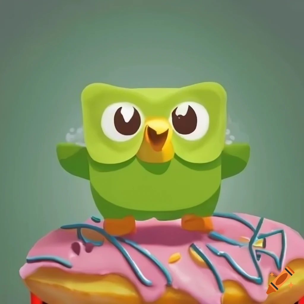 Illustration of Duolingo logo with a donut on Craiyon