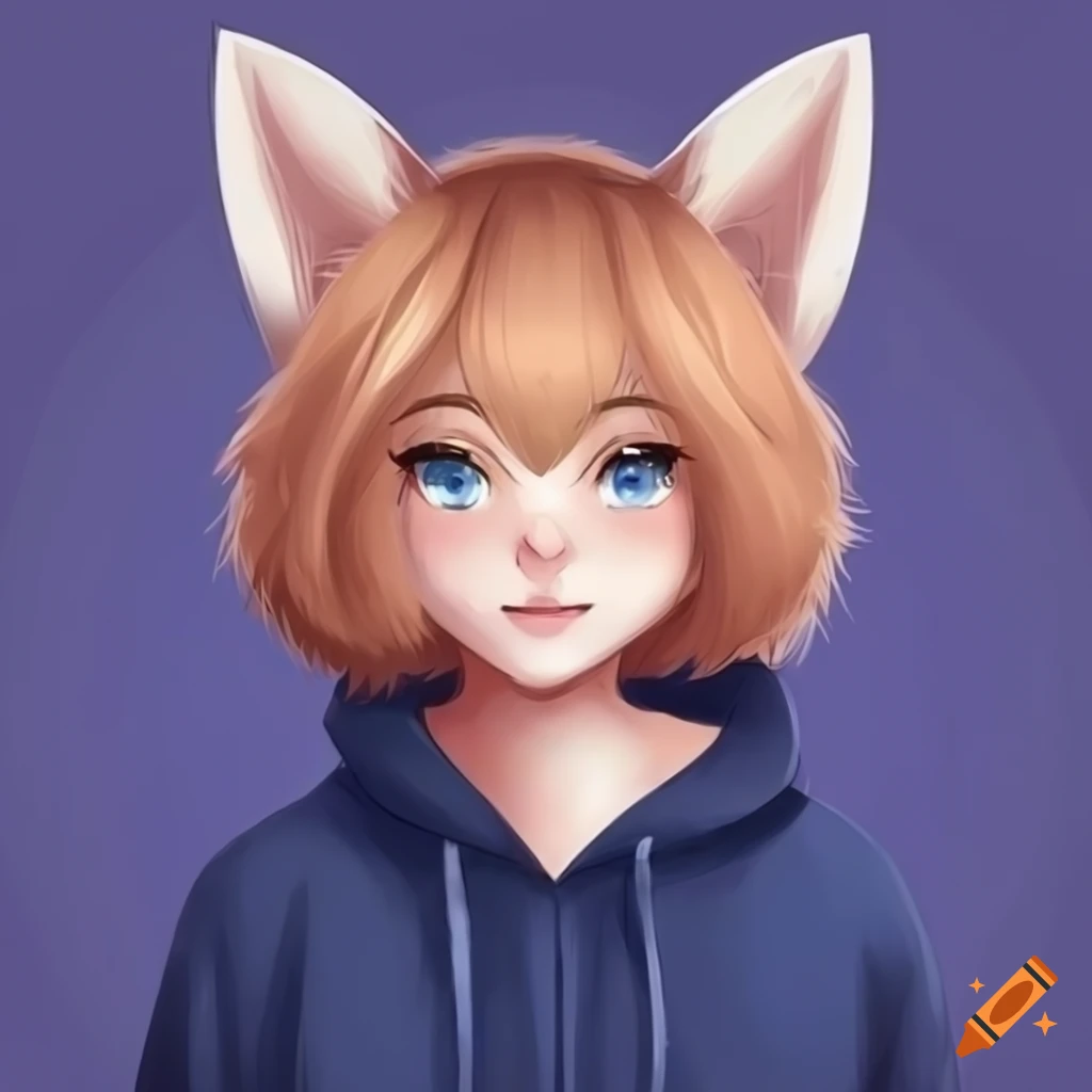 cute anime fox girl in a navy hoodie