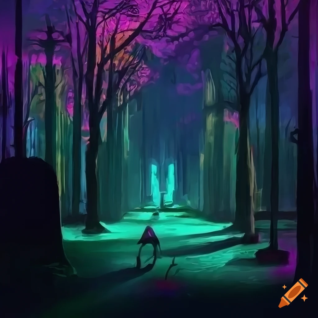 colorful cyberpunk cemetery at night