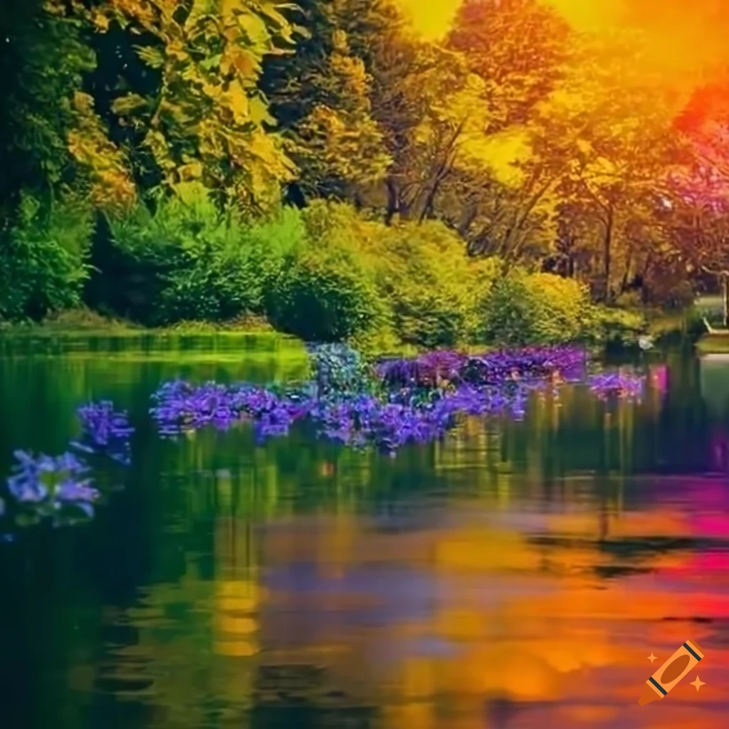 colorful flowers in a garden by the lake