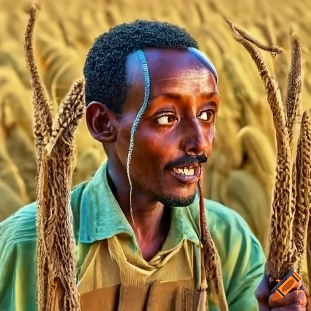 Ethiopian farmer observing crop technology