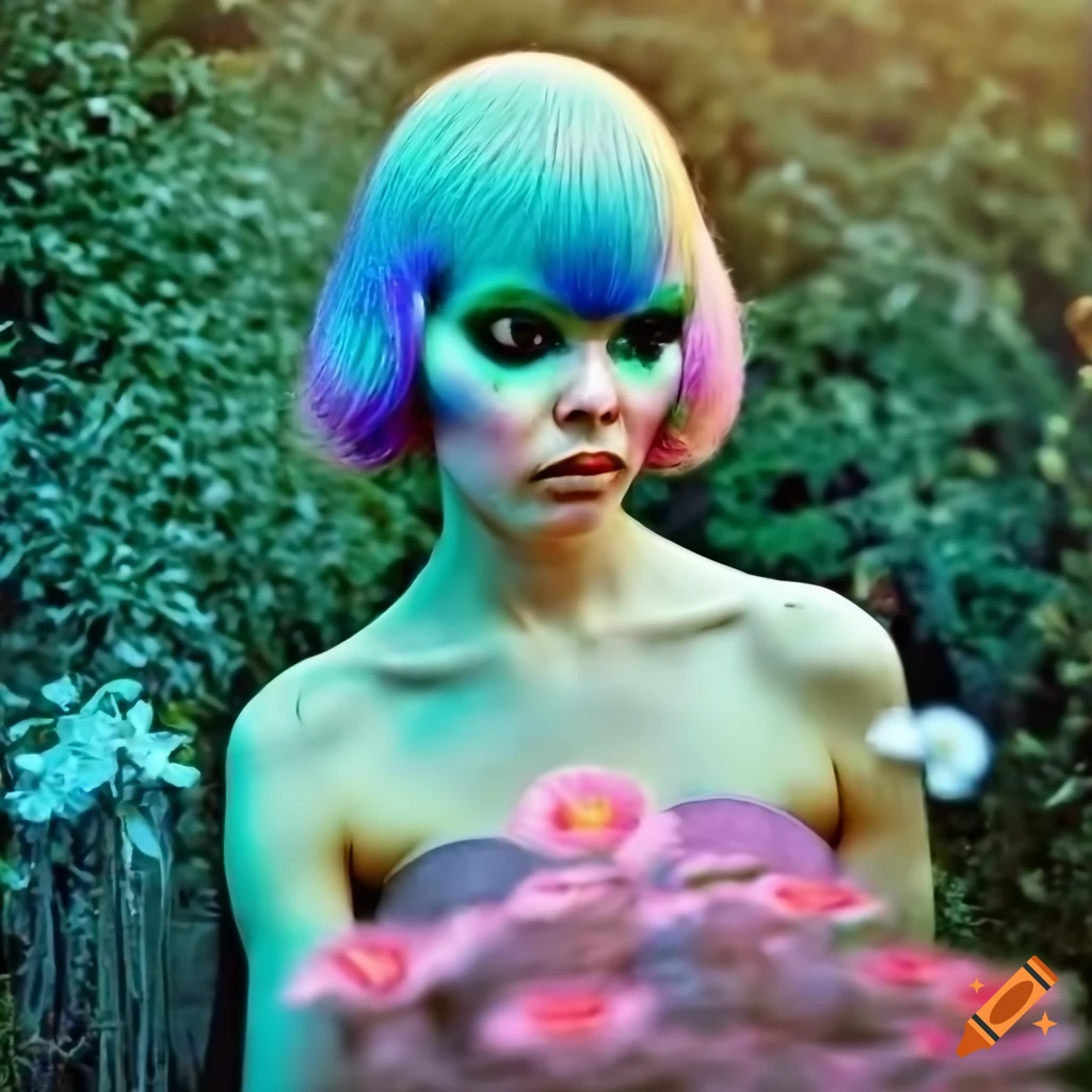 groovy 1960s alien woman arranging flowers in a garden