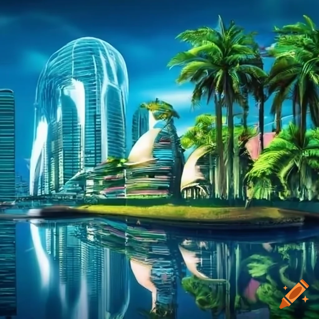 futuristic city with palm trees