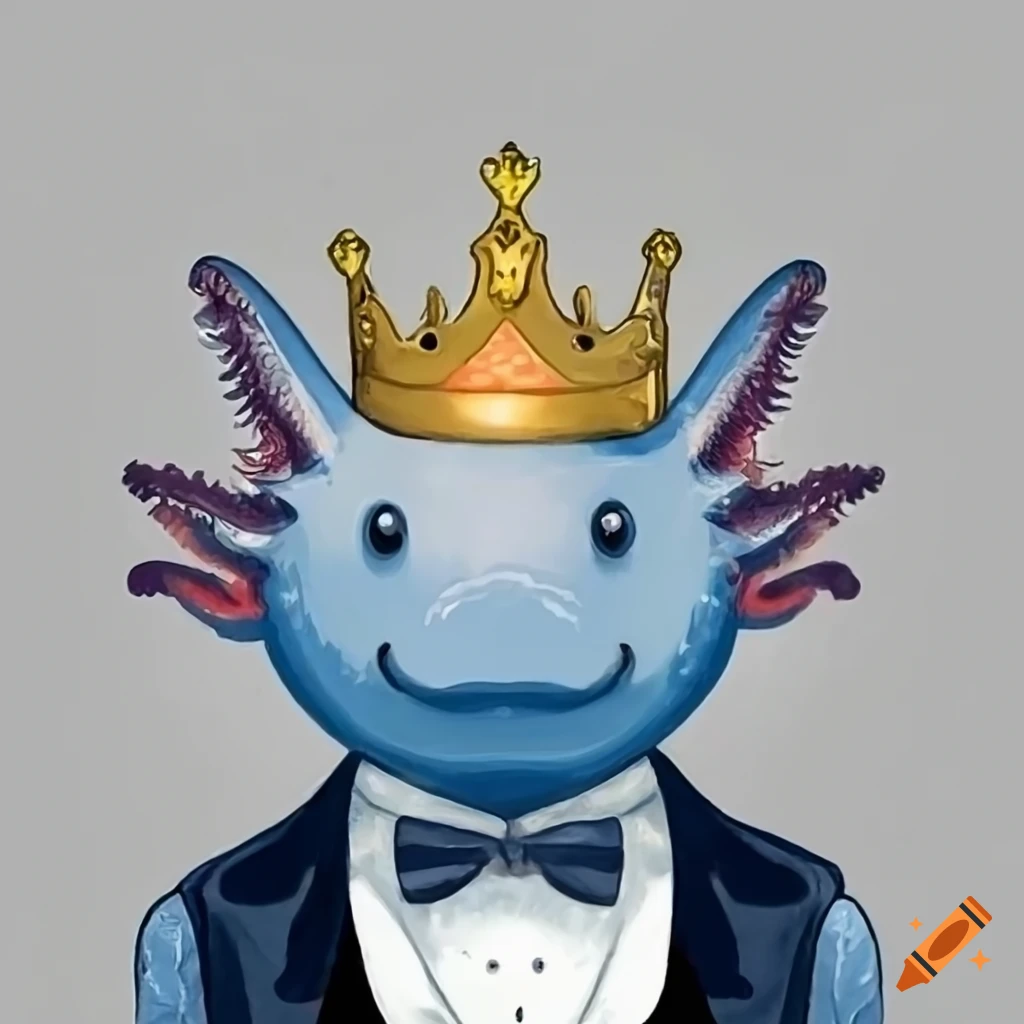 axolotl wearing a blue tuxedo and crown