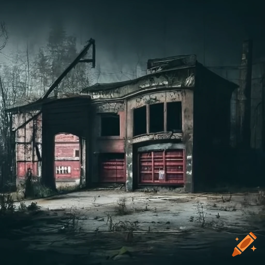 eerie abandoned fire station in the dark forest