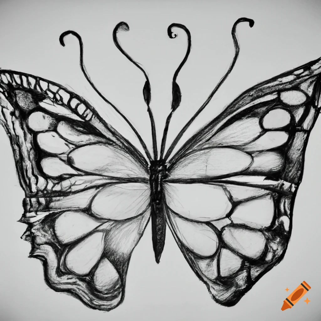 Black and white pencil sketch of a butterfly with eyes on Craiyon
