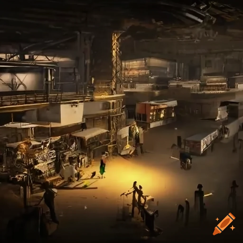inside view of a busy market in a space station