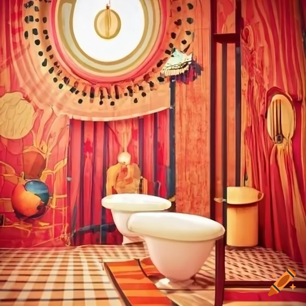 Interior of a whimsical circus-themed bathroom on Craiyon