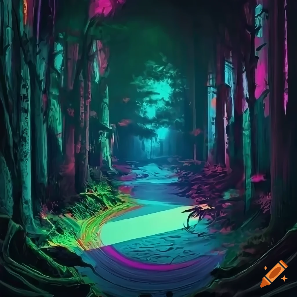 digital illustration of a cyberpunk forest at night