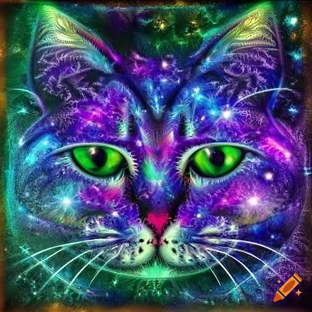 cosmic cat with multiple eyes and fractal patterns