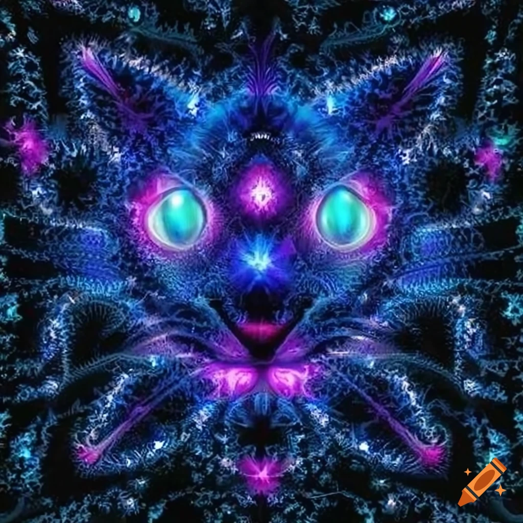 cosmic cat with multiple eyes and fractal patterns