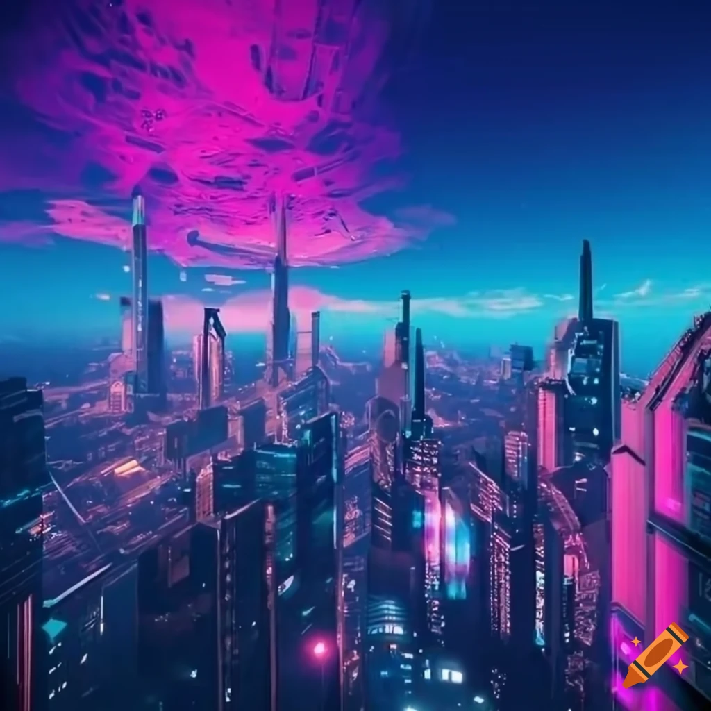 Aerial view of a futuristic cyberpunk city on Craiyon
