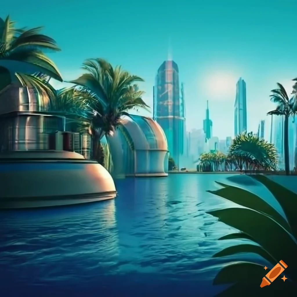 futuristic city with palm trees
