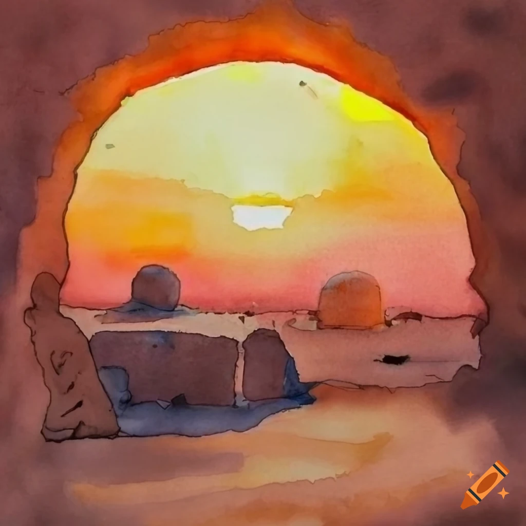 watercolor painting of a Tatooine sunset