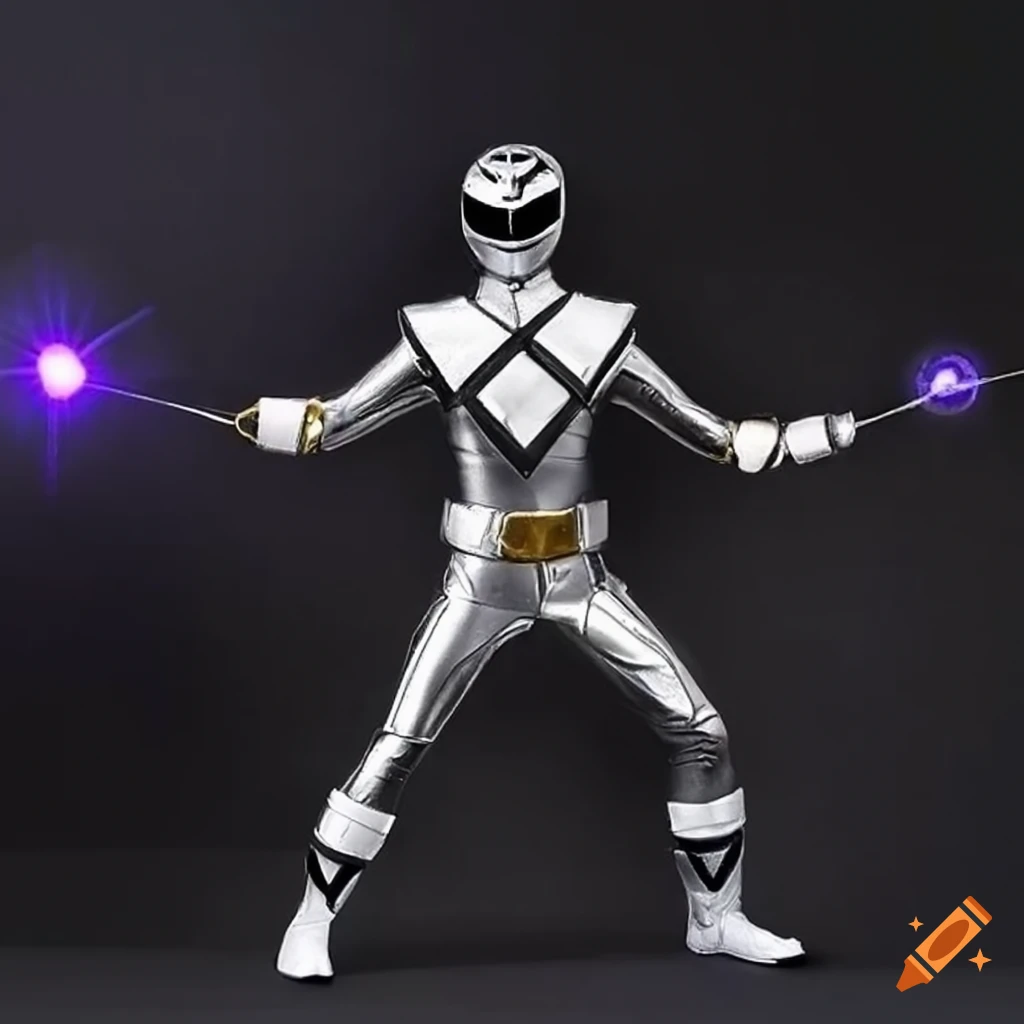 full-body image of the Silver Power Ranger with a Barracuda Blade