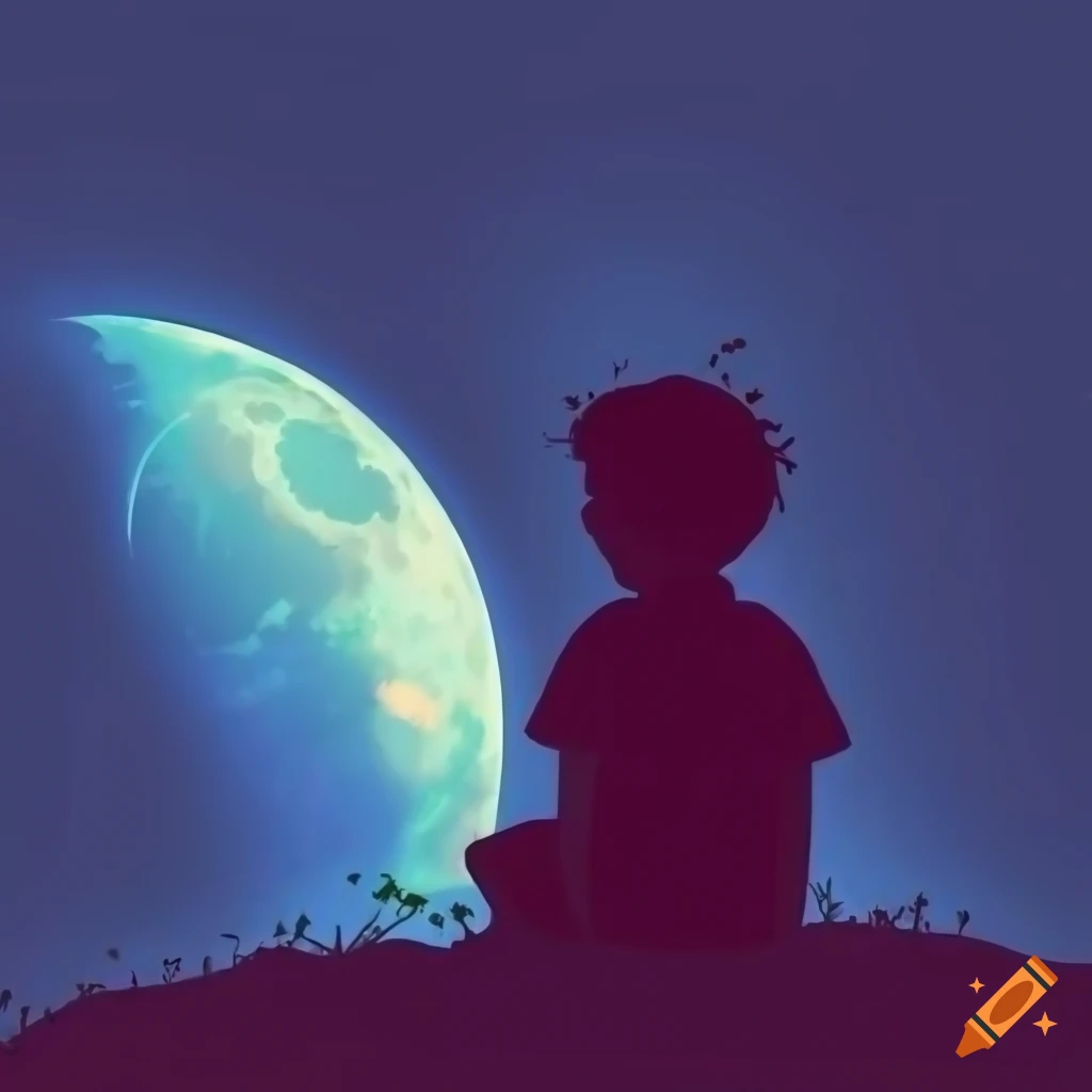 artistic illustration of a boy sitting on a crescent moon