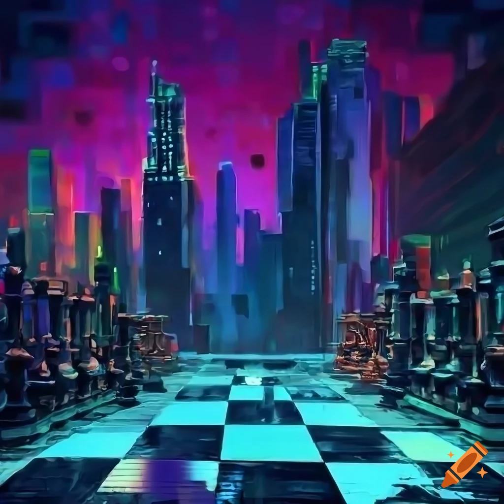 Cyberpunk chess board over a cityscape on Craiyon