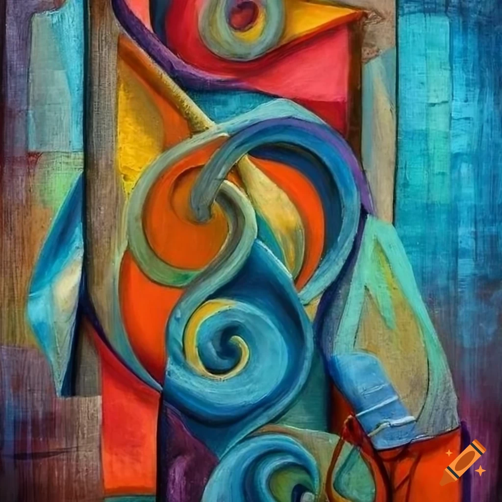 textured cubism painting with various objects intertwined
