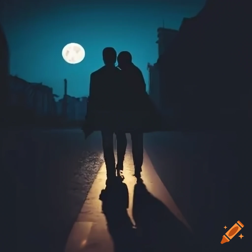 silhouette of couple walking under moonlight