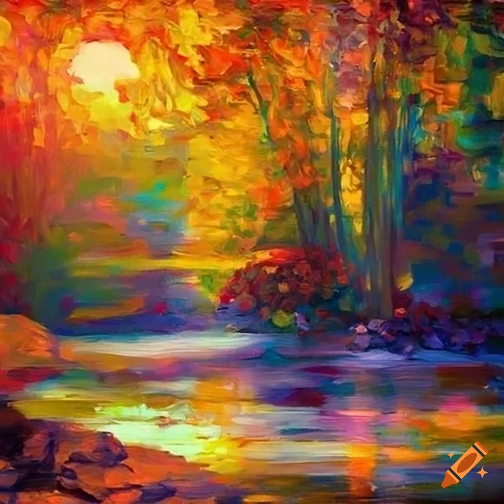 colorful impressionist painting of a zen garden at sunset