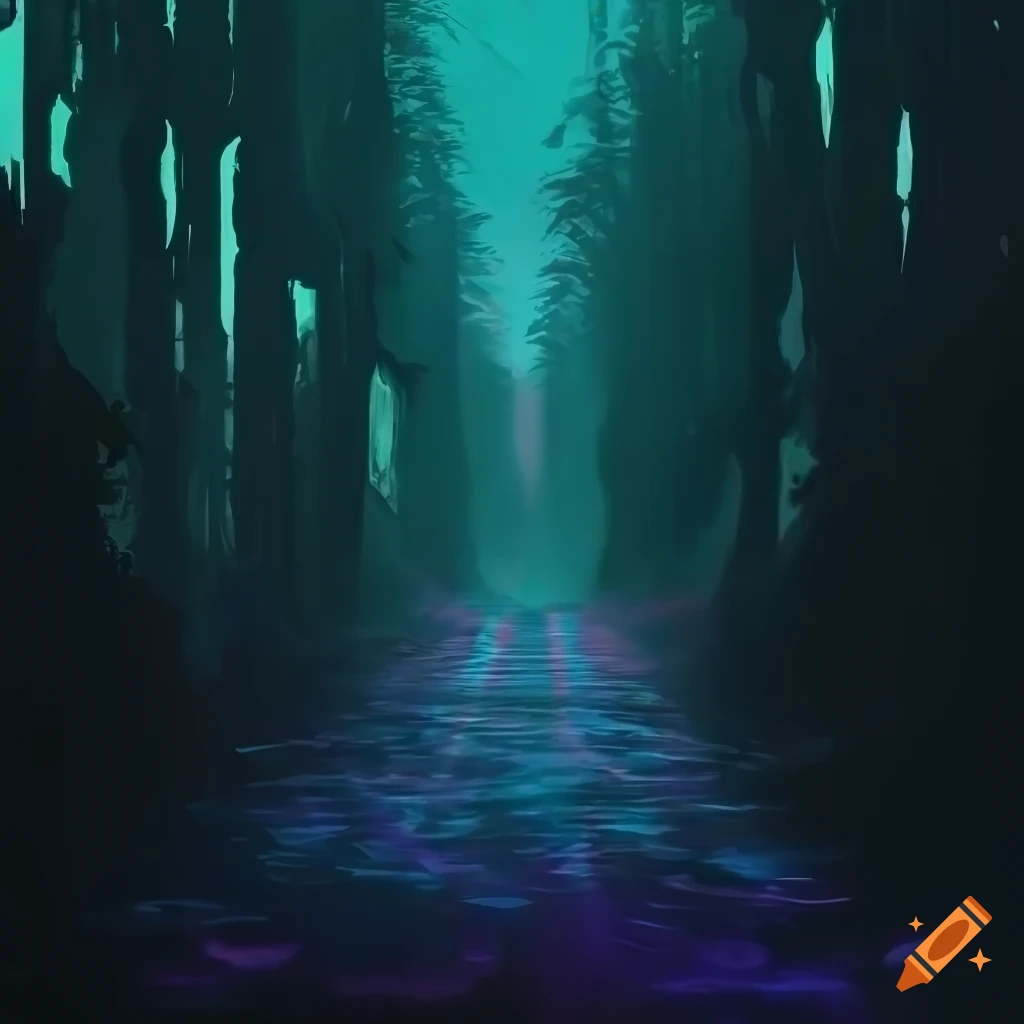 digital illustration of a cyberpunk forest at night