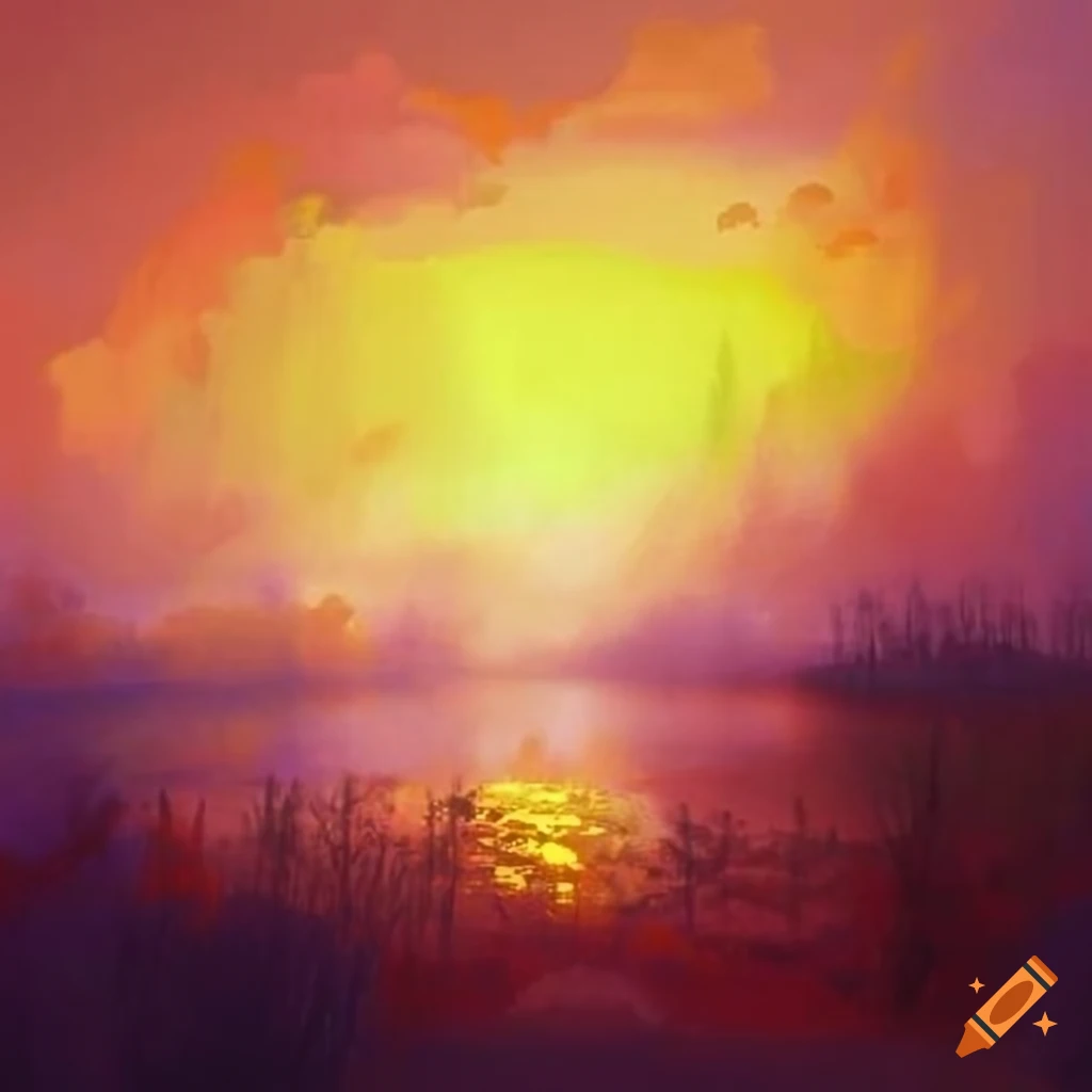 artistic depiction of a sunrise with misty horizons and birds awakening
