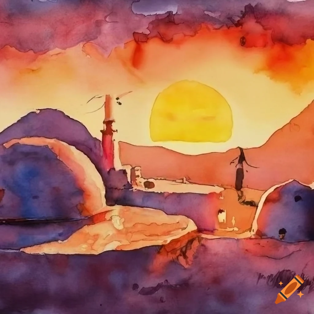 watercolor painting of a Tatooine sunset